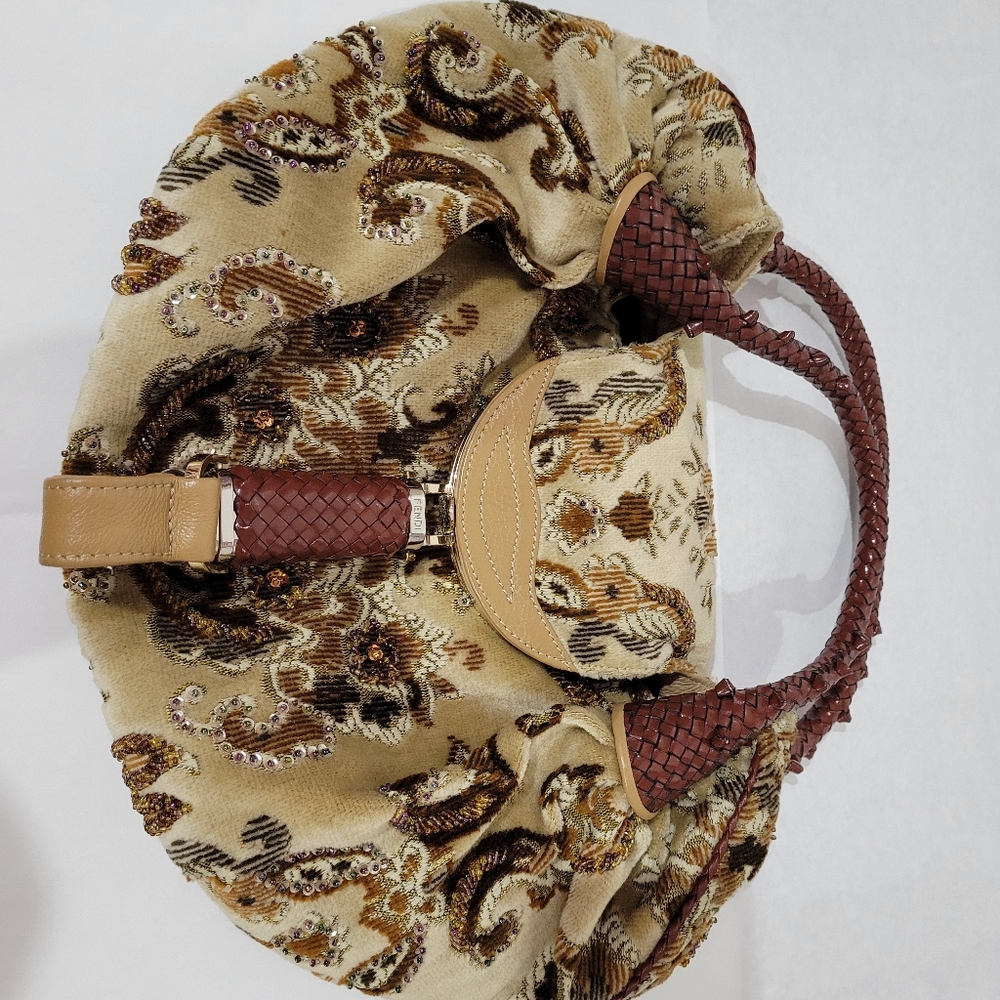 Auth Fendi satchel shoulder bag velvet brown metallic embellished details